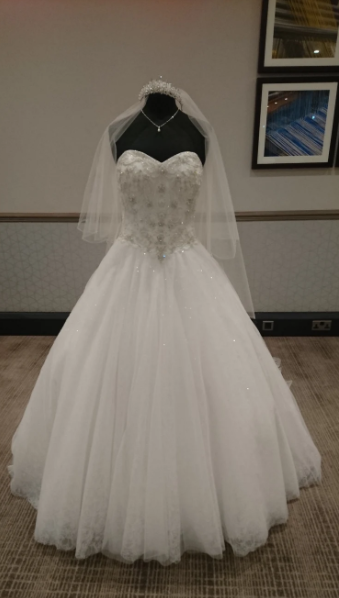 豪華！クラシカル オフホワイト ウエディングドレス ソフトチュール ロングトレーン ベアトップ 2次会/結婚式/披露宴