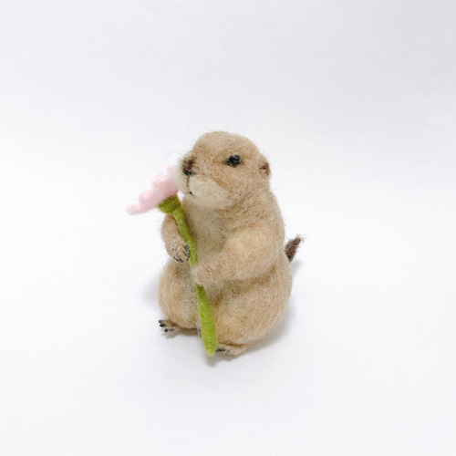 コスモスを抱えたプレーリードッグ 羊毛フェルトマスコット 羊毛