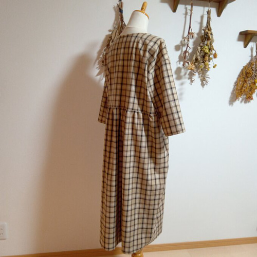 ☆匿名配送☆ハンドメイド 播州織チェック柄ゆったりロングワンピース 