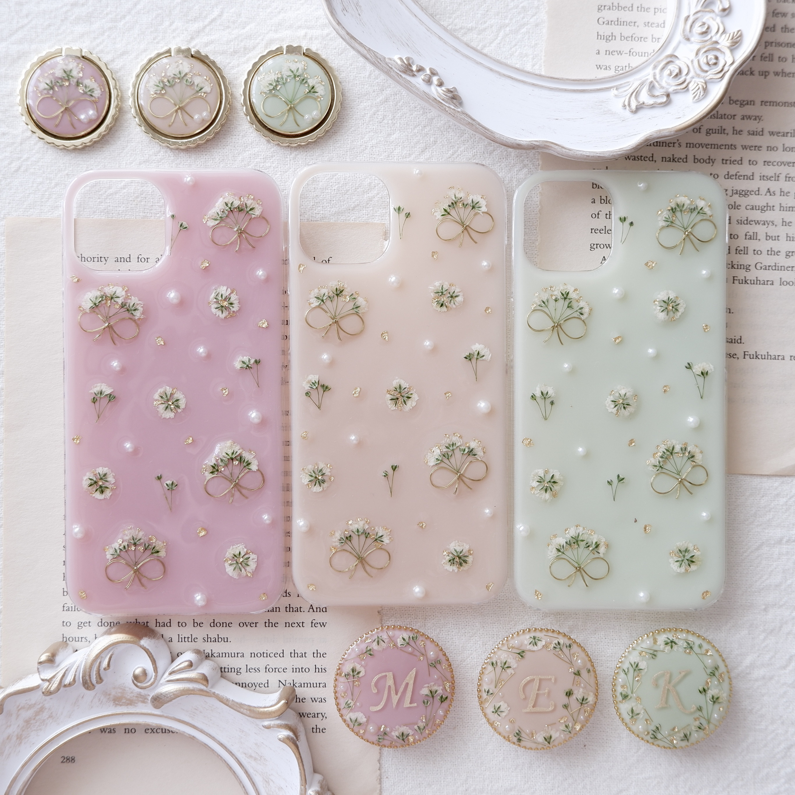 ❁リング・グリップ選択❁かすみ草ブーケパターン❁.*･ﾟ押し花iPhoneケース 【※iPhone専用ページ】