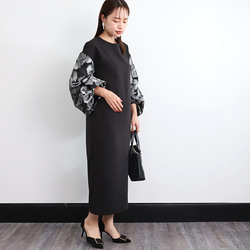 【着丈調整可能】洗える 異素材ゆったりバルーン袖 バックリボン フォーマル ワンピース　ブラック/シルバー　0595 5枚目の画像