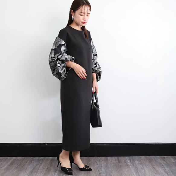 【着丈調整可能】洗える 異素材ゆったりバルーン袖 バックリボン フォーマル ワンピース　ブラック/シルバー　0595 5枚目の画像