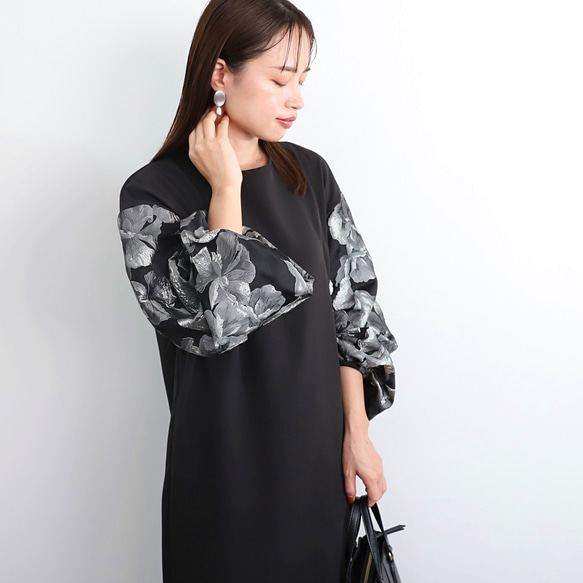 【着丈調整可能】洗える 異素材ゆったりバルーン袖 バックリボン フォーマル ワンピース　ブラック/シルバー　0595 1枚目の画像