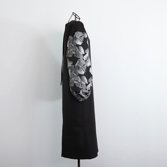 【着丈調整可能】洗える 異素材ゆったりバルーン袖 バックリボン フォーマル ワンピース　ブラック/シルバー　0595 13枚目の画像