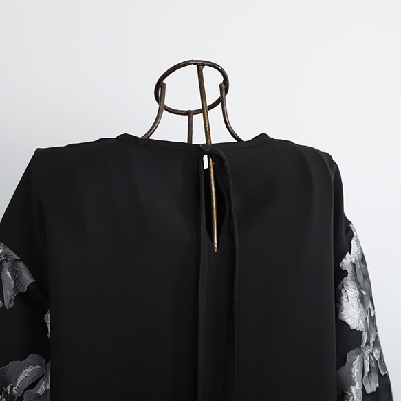 【着丈調整可能】洗える 異素材ゆったりバルーン袖 バックリボン フォーマル ワンピース　ブラック/シルバー　0595 17枚目の画像