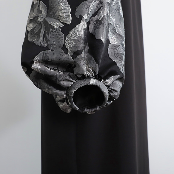 【着丈調整可能】洗える 異素材ゆったりバルーン袖 バックリボン フォーマル ワンピース　ブラック/シルバー　0595 16枚目の画像