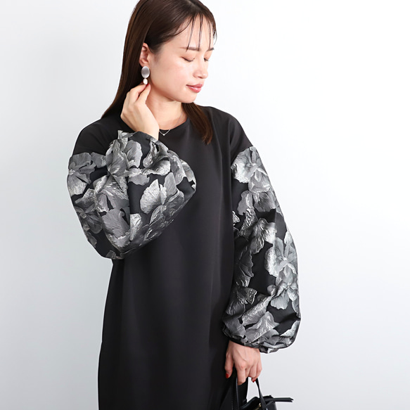 【着丈調整可能】洗える 異素材ゆったりバルーン袖 バックリボン フォーマル ワンピース　ブラック/シルバー　0595 9枚目の画像