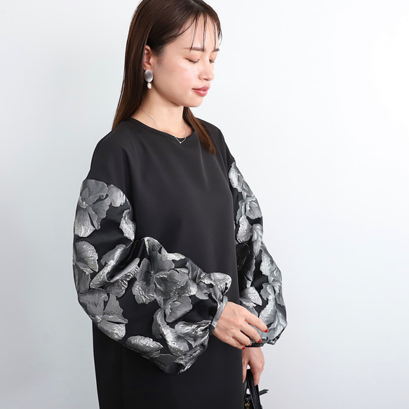 【着丈調整可能】洗える 異素材ゆったりバルーン袖 バックリボン フォーマル ワンピース　ブラック/シルバー　0595 8枚目の画像