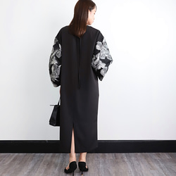 【着丈調整可能】洗える 異素材ゆったりバルーン袖 バックリボン フォーマル ワンピース　ブラック/シルバー　0595 6枚目の画像