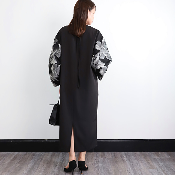 【着丈調整可能】洗える 異素材ゆったりバルーン袖 バックリボン フォーマル ワンピース　ブラック/シルバー　0595 6枚目の画像