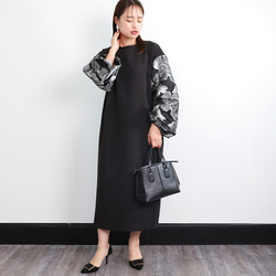 【着丈調整可能】洗える 異素材ゆったりバルーン袖 バックリボン フォーマル ワンピース　ブラック/シルバー　0595 3枚目の画像