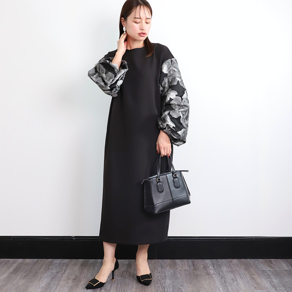 【着丈調整可能】洗える 異素材ゆったりバルーン袖 バックリボン フォーマル ワンピース　ブラック/シルバー　0595 3枚目の画像