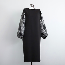【着丈調整可能】洗える 異素材ゆったりバルーン袖 バックリボン フォーマル ワンピース　ブラック/シルバー　0595 12枚目の画像