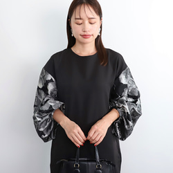 【着丈調整可能】洗える 異素材ゆったりバルーン袖 バックリボン フォーマル ワンピース　ブラック/シルバー　0595 7枚目の画像