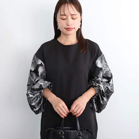 【着丈調整可能】洗える 異素材ゆったりバルーン袖 バックリボン フォーマル ワンピース　ブラック/シルバー　0595 7枚目の画像