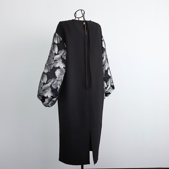 【着丈調整可能】洗える 異素材ゆったりバルーン袖 バックリボン フォーマル ワンピース　ブラック/シルバー　0595 14枚目の画像