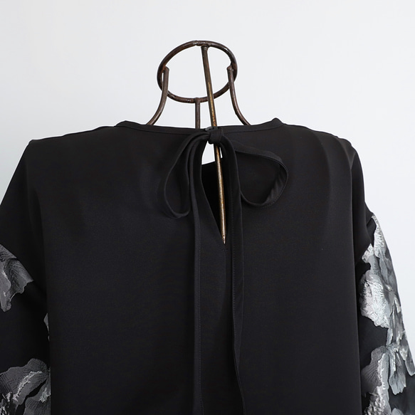 【着丈調整可能】洗える 異素材ゆったりバルーン袖 バックリボン フォーマル ワンピース　ブラック/シルバー　0595 18枚目の画像