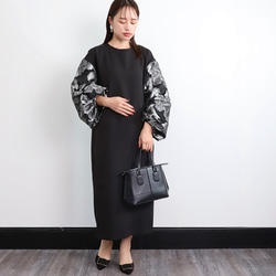 【着丈調整可能】洗える 異素材ゆったりバルーン袖 バックリボン フォーマル ワンピース　ブラック/シルバー　0595 2枚目の画像