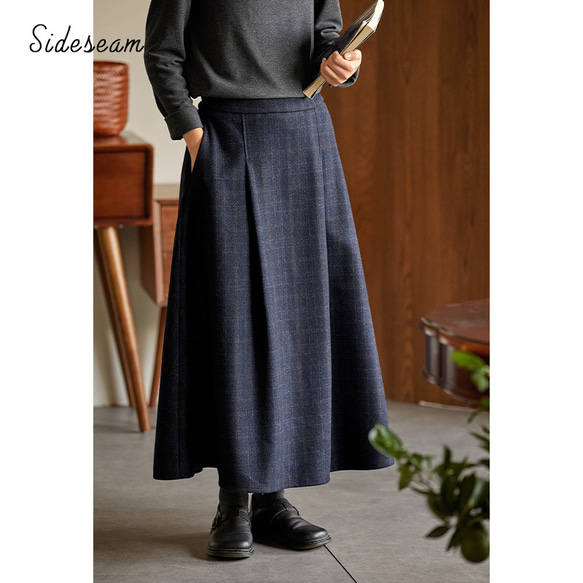 ウール混紡スカート　ウールツイードスカート　チェック柄ウールスカート　ネイビー　S-Mサイズ　S099NV 1枚目の画像