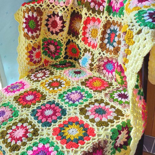 送料無料】ブランケット 黄色① マルチカバー グラニースクエア かぎ