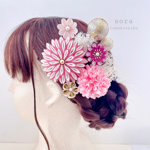 つまみ細工 髪飾り 【ピンク】成人式 七五三 結婚式 卒業式 和装 和玉