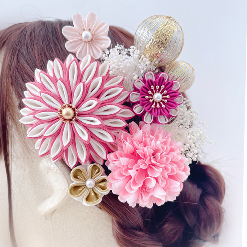 つまみ細工 髪飾り 【ピンク】成人式 七五三 結婚式 卒業式 和装 和玉