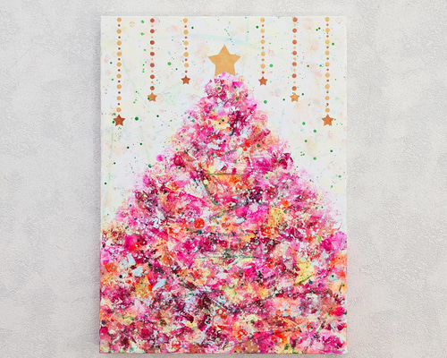 アクリル画 題名「クリスマスツリー」 クリスマスツリー雪と星の夜P5号(アクリル原画) 絵画 加藤晶子