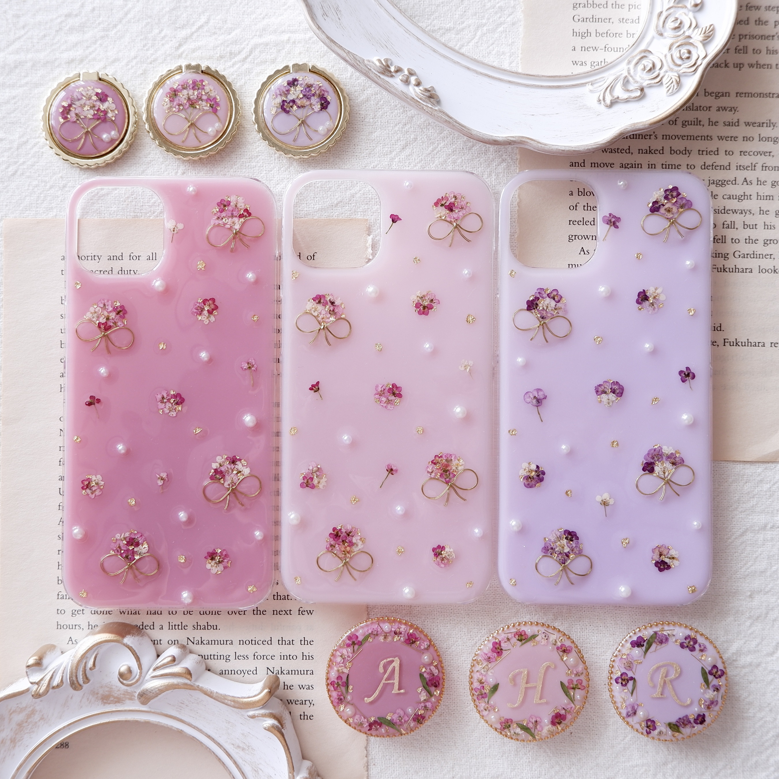 ❁リング・グリップ選択❁アリッサムブーケパターン❁.*･ﾟ押し花iPhoneケース 【※iPhone専用ページ】