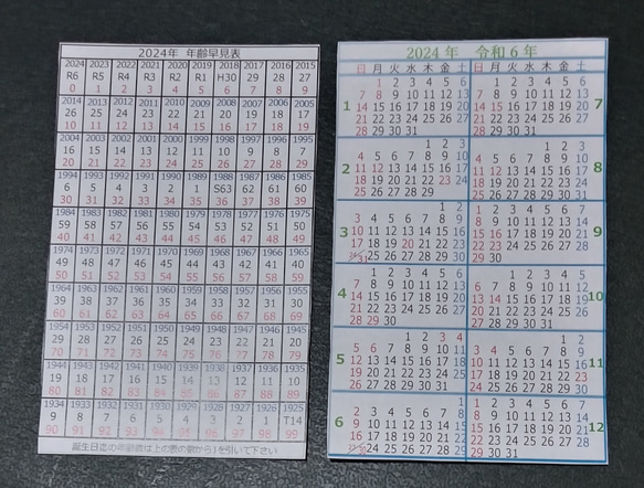 2024年 令和6年　年齢早見表＆カレンダー 3枚で！ ミニサイズ　ネームプレートにどうぞ！　ラミネートします 6枚目の画像