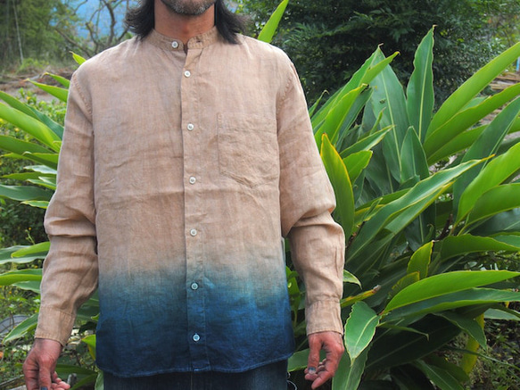 【mens】 藍染＋泥染（宍喰祇園染）　リネン長袖シャツ 4枚目の画像