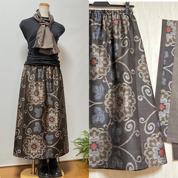 白大島 淡い花柄 着物リメイクロングスカート( ´∀`) ちょっと訳ありちょっとお得＊花唐草泥大島すっきりAライン
