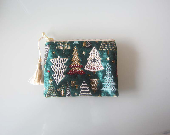 再再販クリスマス2025　フランス生地　黒　もみの木のポーチ　Sサイズ　コスメ入れ　デバイス入れ　クリスマスツリー 6枚目の画像