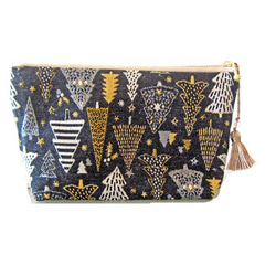 再再販クリスマス2025　フランス生地　黒　もみの木のマチ付きポーチ　Lサイズ　通帳入れ　コスメ入れ　デバイス入れ　 2枚目の画像