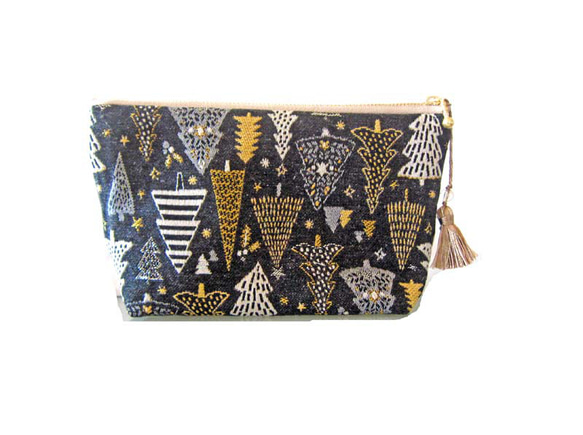 再再販クリスマス2025　フランス生地　黒　もみの木のマチ付きポーチ　Lサイズ　通帳入れ　コスメ入れ　デバイス入れ　 2枚目の画像