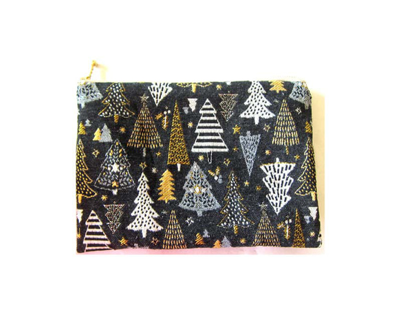 クリスマス2025　フランス生地　黒　もみの木のポーチ　Lサイズ　通帳入れ　コスメ入れ　デバイス入れ　 1枚目の画像