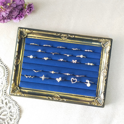 大容量アンティークリング収納ケース ネイビーM〜 リングトレー