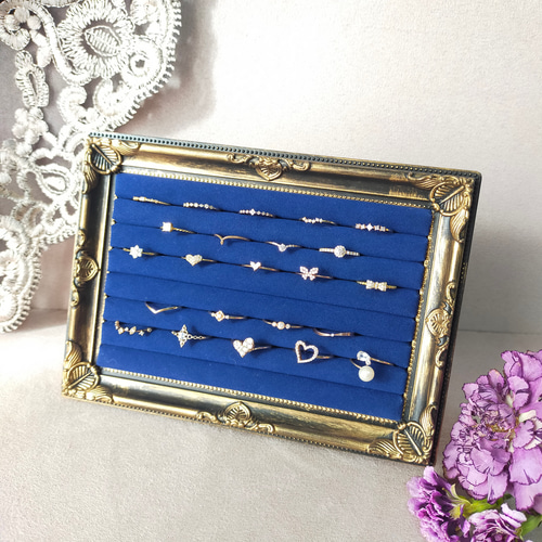 大容量アンティークリング収納ケース ネイビーM〜 リングトレー