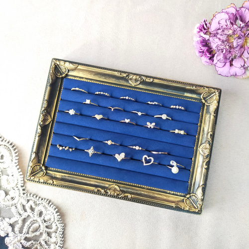 大容量アンティークリング収納ケース ネイビーM〜 リングトレー