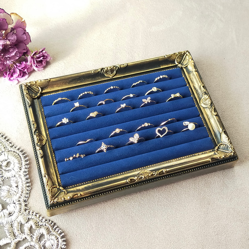 大容量アンティークリング収納ケース ネイビーM〜 リングトレー