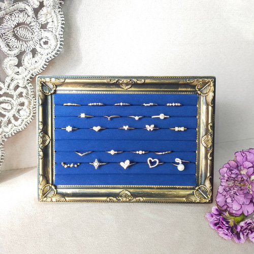 大容量アンティークリング収納ケース ネイビーM〜 リングトレー