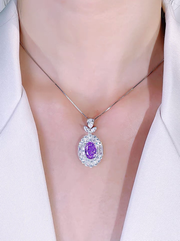 パープル オーバル 高炭素ダイヤモンド キラキラ ゴージャス ラグジュアリー ヘイローネックレス ビッグ モダン 紫 3枚目の画像