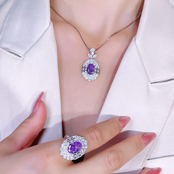 パープル オーバル 高炭素ダイヤモンド キラキラ ゴージャス ラグジュアリー ヘイローネックレス ビッグ モダン 紫 4枚目の画像