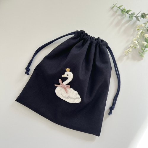 サイズが選べる【S・M・L・LL】持ち手・スワン・刺繍・巾着袋・女の子