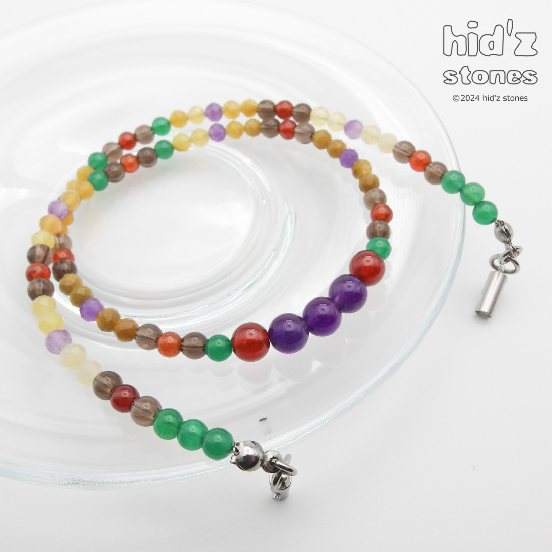 ◆一点もの天然石ネックレス:BySC-002【バヨネットクラスプ】アメジスト・イエローオパール・ガーネット