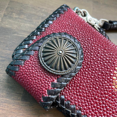 濃赤】新品スティングレイ本革ガルーシャ長財布カービング エイ革