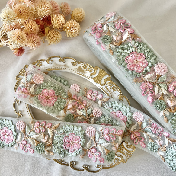 30cm  インド刺繍リボン チュール  花柄 8枚目の画像