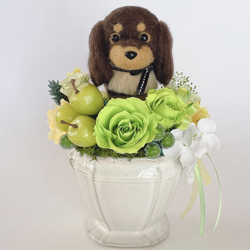 ダックスロング（チョコ）と青リンゴのプリザーブドフラワーのアレンジメント　犬　母の日