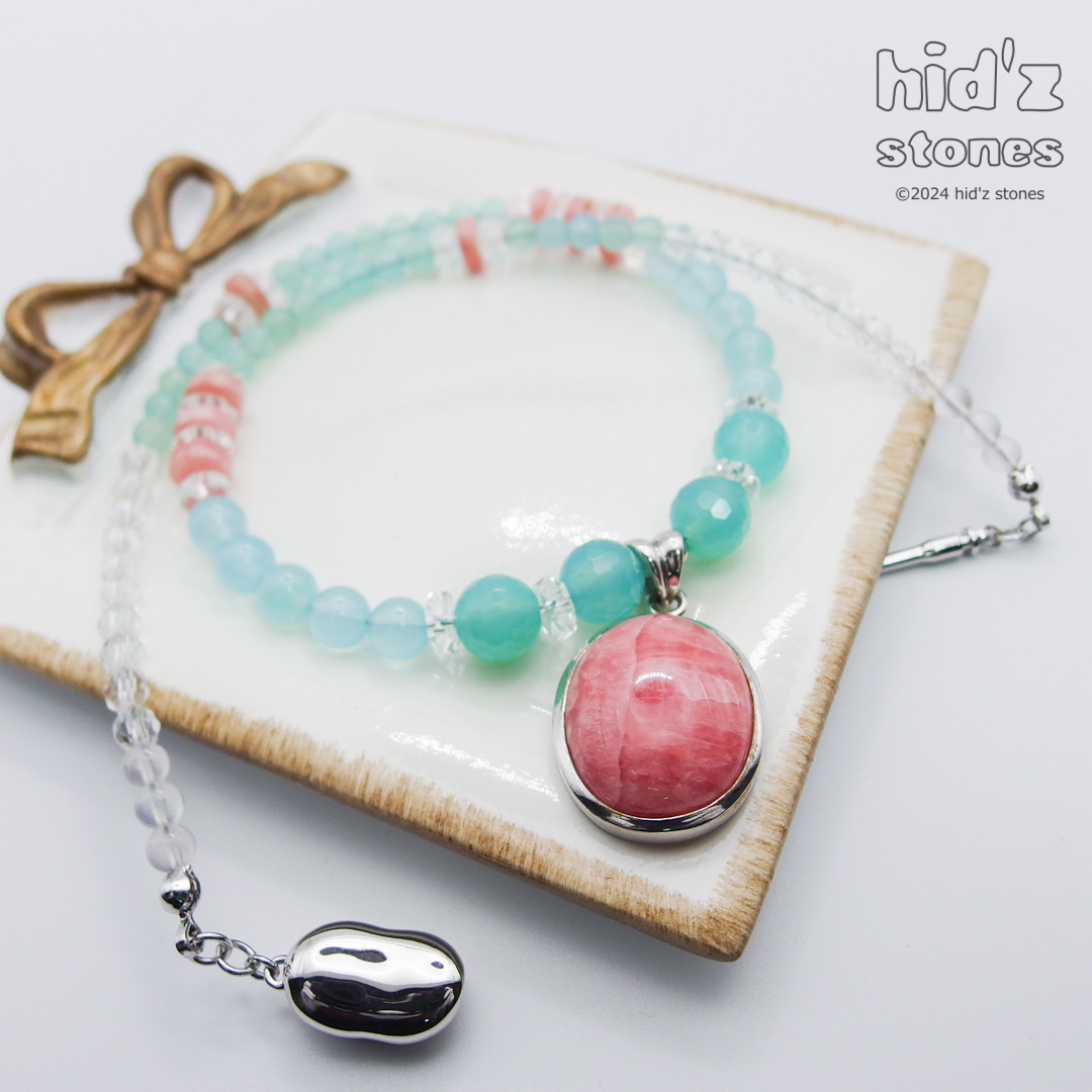 ◆一点もの天然石ネックレス:BeSC-005【ビーンズクラスプ】インカローズ・シーブルーカルセドニー・SV925