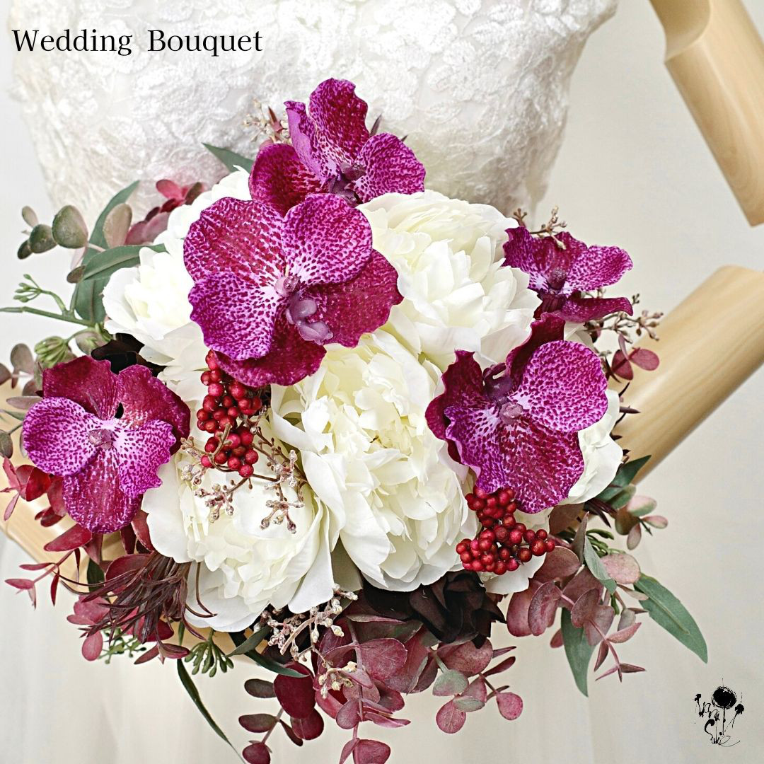芍薬とランのラウンドブーケ 造花ブーケ お洒落 ウェディングブーケ ブーケ プレ花嫁 ブートニアセット 2点セット