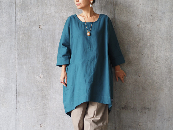 ふわっと起毛コットン、ポケット付きチュニックシャツ/ピーコック